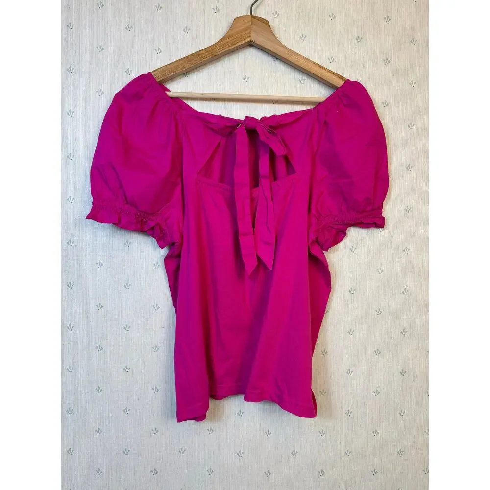 J Crew Tie Back Poplin Top Medium Fuchsia 100% Cotton Puff Sleeve Preppy Relaxed